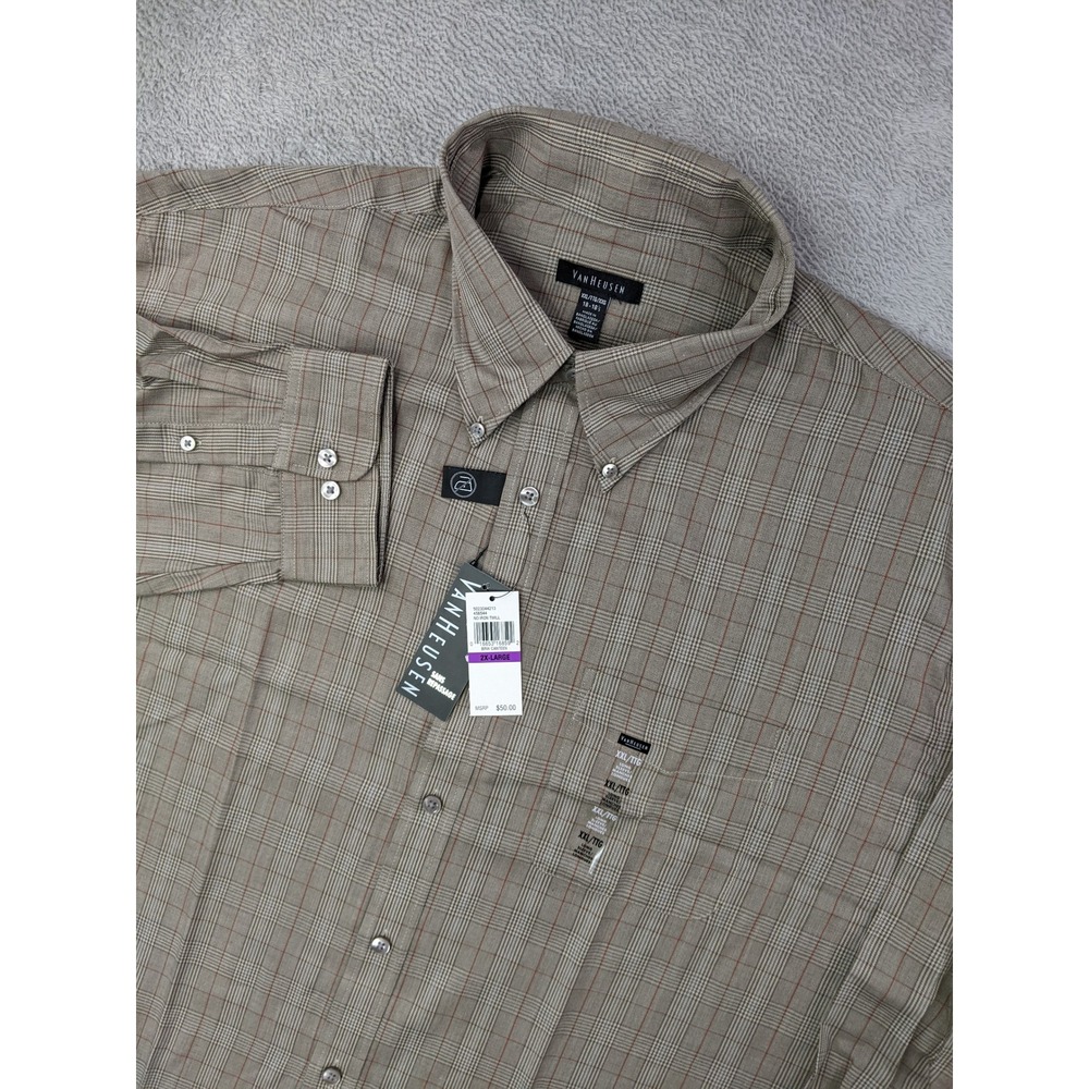 Van Heusen Mens XXL 18-18.5 Plaid Button Down Dress Shirt Brown Long Sleeve